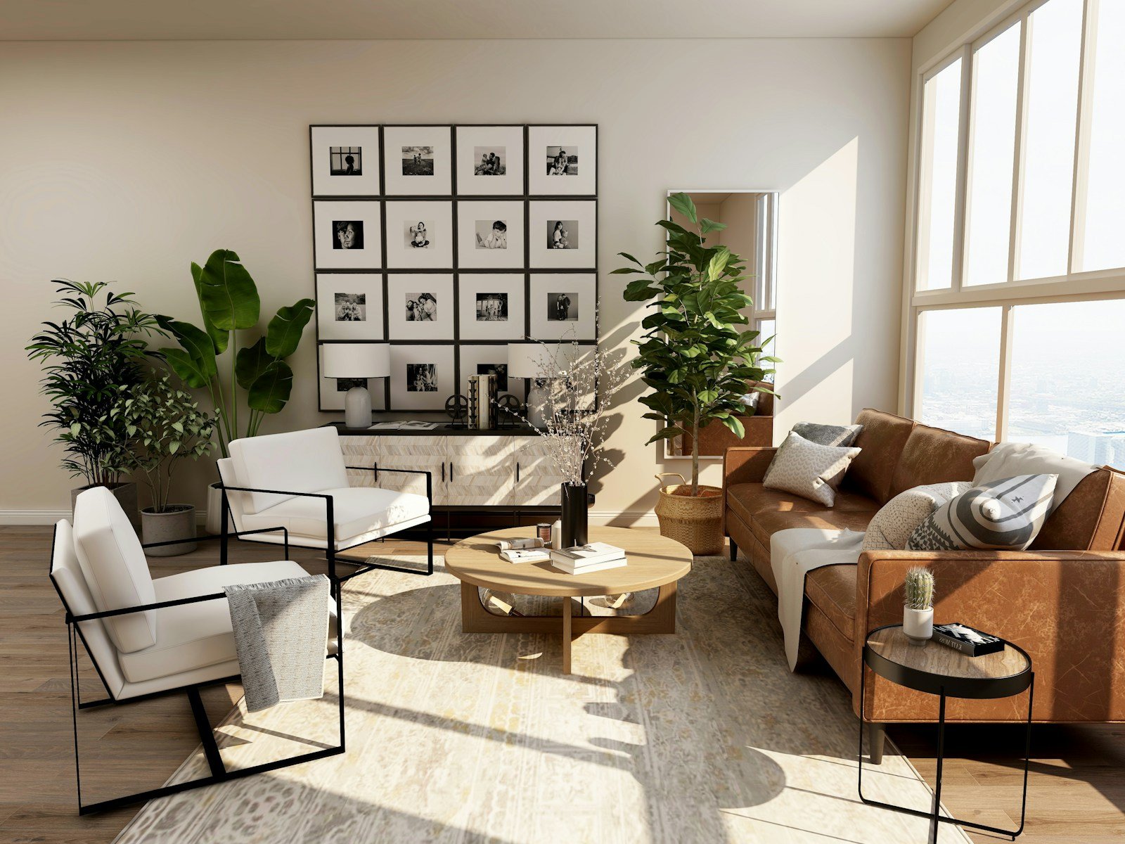 Bright, serene, naturally lit living room cleaned by Palace Cleaning Services